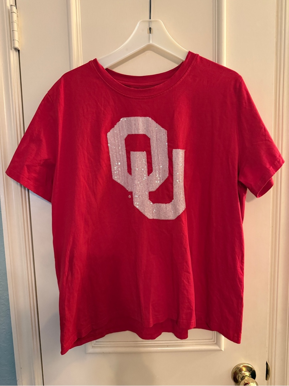 Women’s Red OU Sequin Logo Tee